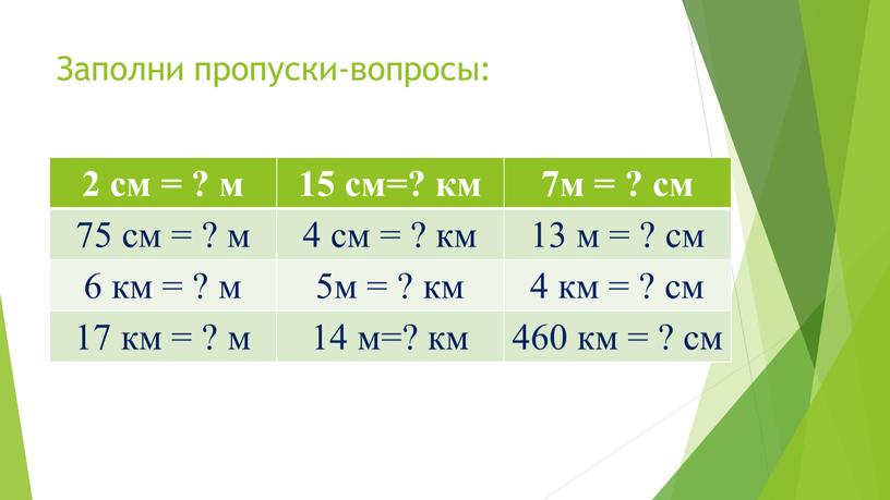 Заполни пропуски-вопросы: 2 см = ? м 15 см=? км 7м = ? см 75 см = ? м 4 см = ? км 13…