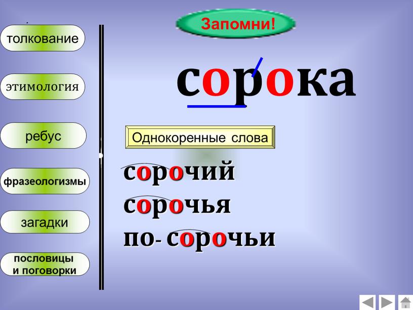 Запомни! сорока Однокоренные слова сорочий сорочья по- сорочьи