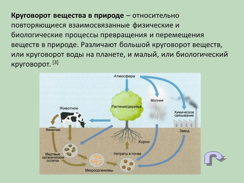 Круговорот вещества в природе – относительно повторяющиеся взаимосвязанные физические и биологические процессы превращения и перемещения веществ в природе