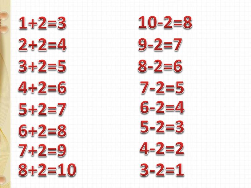 1+2=3 2+2=4 3+2=5 4+2=6 5+2=7 6+2=8 7+2=9 8+2=10 10-2=8 9-2=7 8-2=6 7-2=5 6-2=4 5-2=3 4-2=2 3-2=1