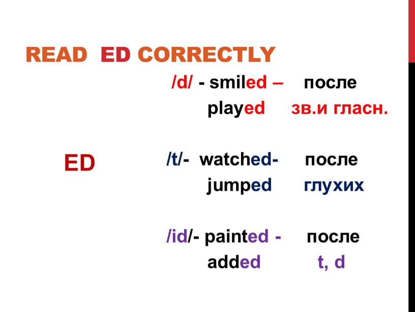 /d/ - smiled – после played зв.и гласн. /t/- watched- после jumped глухих /id/- painted - после added t, d ED Read ed correctly