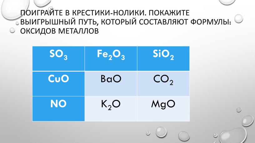 Поиграйте в креcтики-нолики. Покажите выигрышный путь, который составляют формулы: оксидов металлов