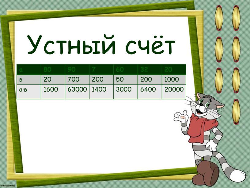 Устный счёт а 80 90 7 60 32 20 в 20 700 200 50 200 1000 а·в 1600 63000 1400 3000 6400 20000