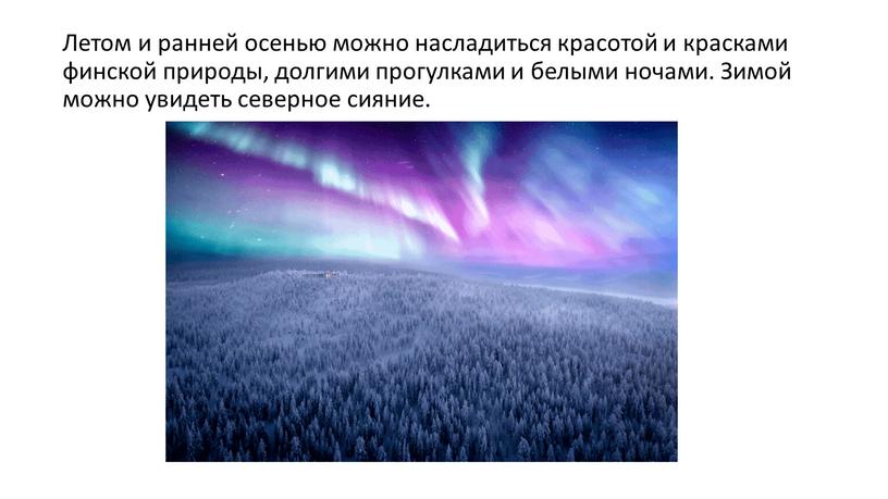 Летом и ранней осенью можно насладиться красотой и красками финской природы, долгими прогулками и белыми ночами