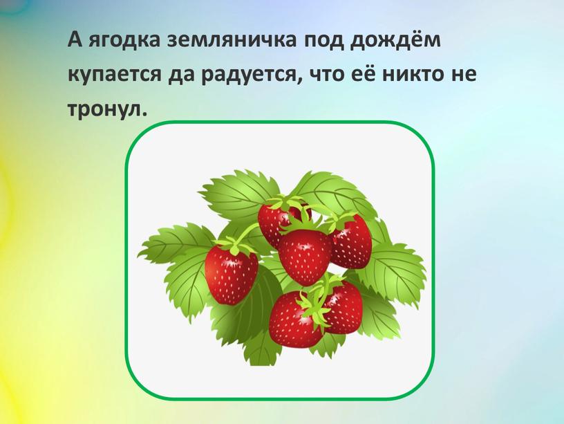 А ягодка земляничка под дождём купается да радуется, что её никто не тронул