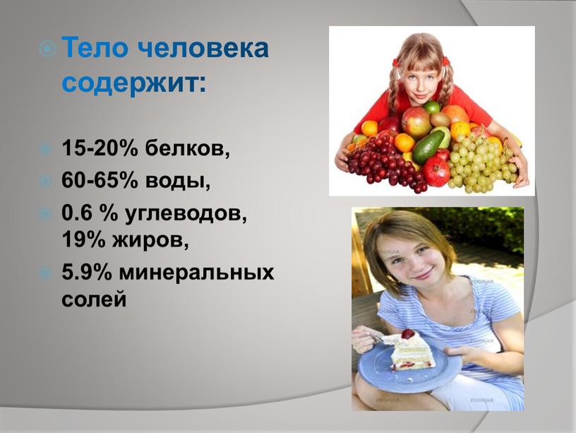 Тело человека содержит: 15-20% белков, 60-65% воды, 0