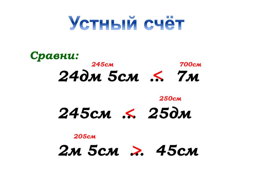 Сравни: 24дм 5см … 7м 245см … 25дм 2м 5см … 45см < < < 245см 700см 250см 205см