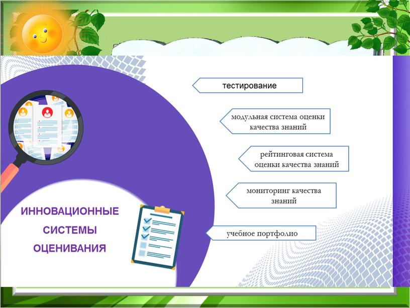 ИННОВАЦИОННЫЕ СИСТЕМЫ ОЦЕНИВАНИЯ тестирование модульная система оценки качества знаний рейтинговая система оценки качества знаний мониторинг качества знаний учебное портфолио