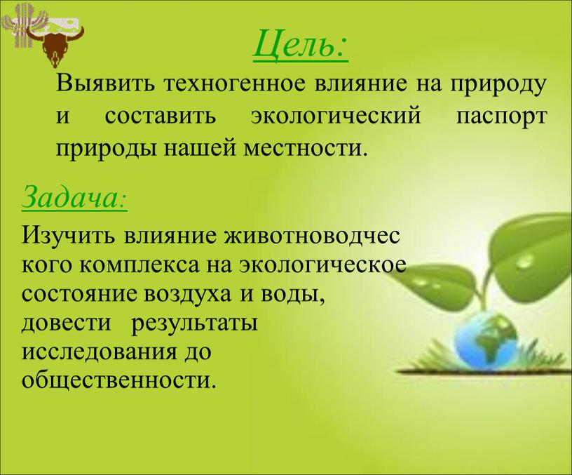 Цель: Выявить техногенное влияние на природу и составить экологический паспорт природы нашей местности