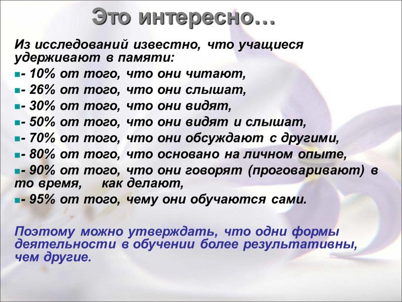 Это интересно… Из исследований известно, что учащиеся удерживают в памяти: - 10% от того, что они читают, - 26% от того, что они слышат, -…