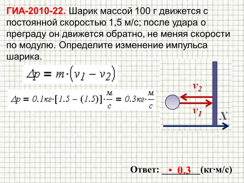 ГИА-2010-22. Шарик массой 100 г движется с постоянной скоростью 1,5 м/с; после удара о преграду он движется обратно, не меняя скорости по модулю