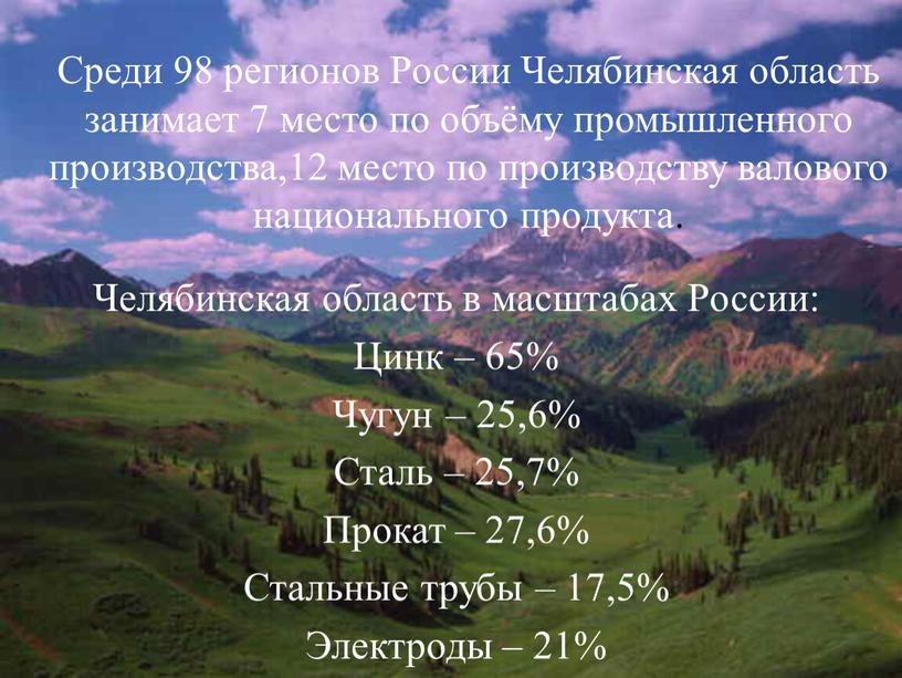 Среди 98 регионов России Челябинская область занимает 7 место по объёму промышленного производства,12 место по производству валового национального продукта