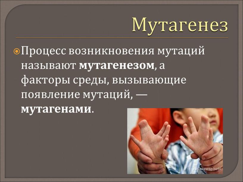 Мутагенез Процесс возникновения мутаций называют мутагенезом , а факторы среды, вызывающие появление мутаций, — мутагенами