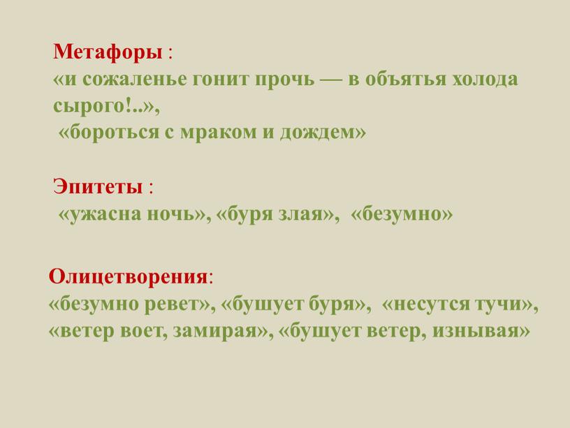 Метафоры : «и сожаленье гонит прочь — в объятья холода сырого!