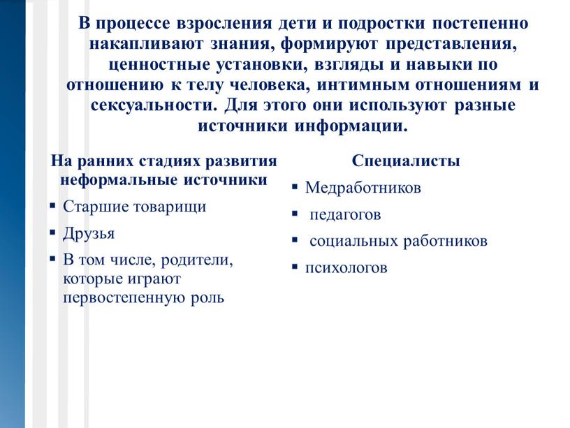 В процессе взросления дети и подростки постепенно накапливают знания, формируют представления, ценностные установки, взгляды и навыки по отношению к телу человека, интимным отношениям и сексуальности