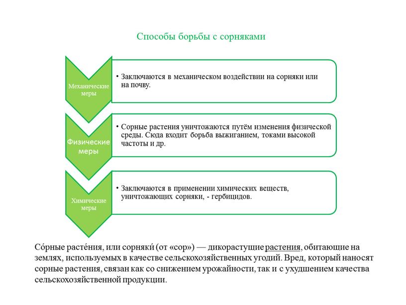 Способы борьбы с сорняками Со́рные расте́ния, или сорняки́ (от «сор») — дикорастущие растения, обитающие на землях, используемых в качестве сельскохозяйственных угодий