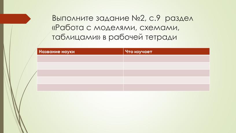 Выполните задание №2, с.9 раздел «Работа с моделями, схемами, таблицами» в рабочей тетради