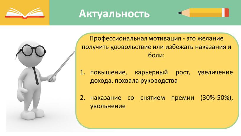 Актуальность Профессиональная мотивация - это желание получить удовольствие или избежать наказания и боли: повышение, карьерный рост, увеличение дохода, похвала руководства наказание со снятием премии (30%-50%),…