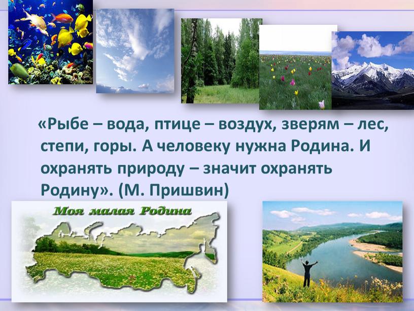 Рыбе – вода, птице – воздух, зверям – лес, степи, горы