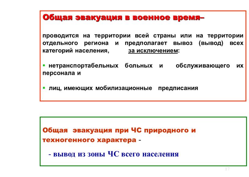 Общая эвакуация в военное время– проводится на территории всей страны или на территории отдельного региона и предполагает вывоз (вывод) всех категорий населения, за исключением: нетранспортабельных…