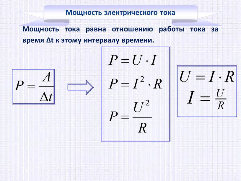 Мощность электрического тока Мощность тока равна отношению работы тока за время Δt к этому интервалу времени