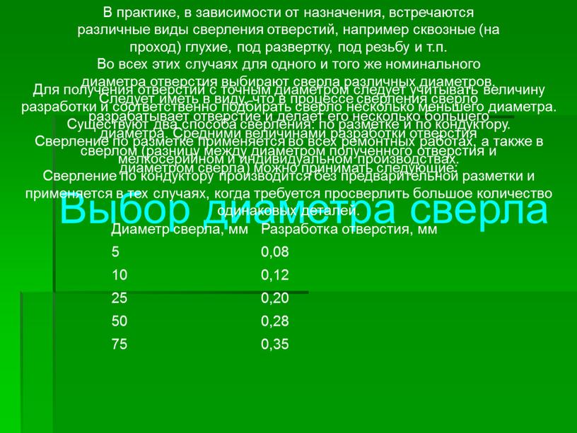 Выбор диаметра сверла В практике, в зависимости от назначения, встречаются различные виды сверления отверстий, например сквозные (на проход) глухие, под развертку, под резьбу и т