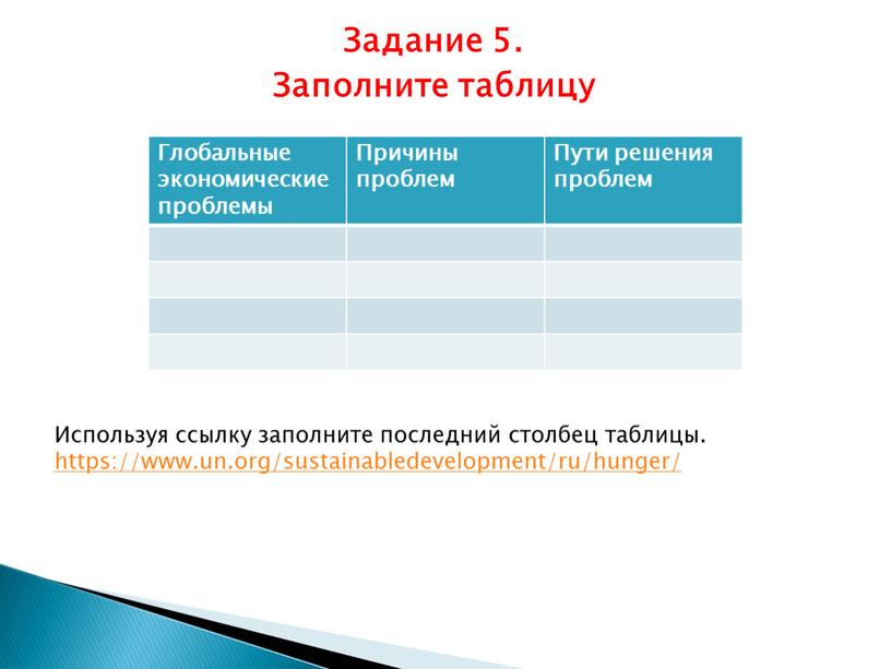 Задание 5. Заполните таблицу Глобальные экономические проблемы