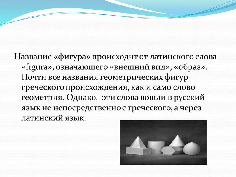 Название «фигура» происходит от латинского слова «figura», означающего «внешний вид», «образ»