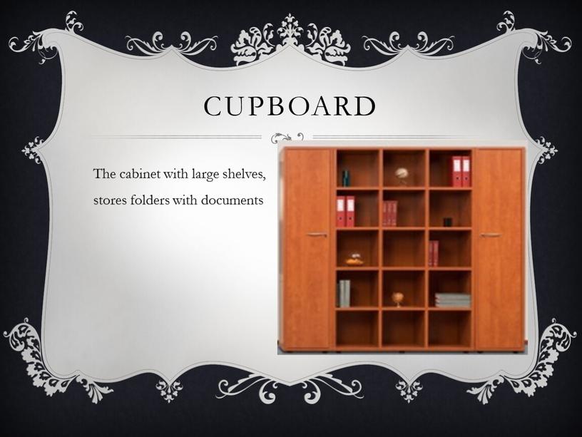 The cabinet with large shelves, stores folders with documents cupboard