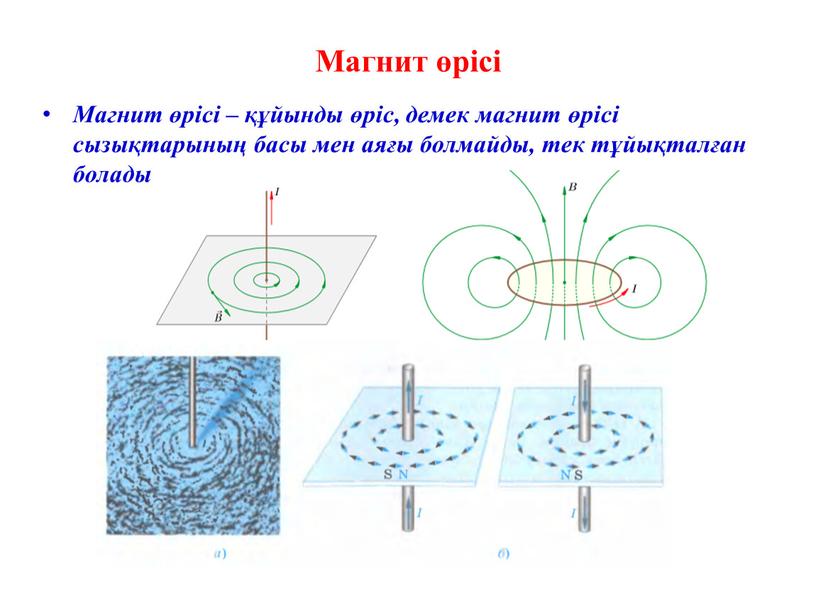 Магнит өрісі Магнит өрісі – құйынды өріс, демек магнит өрісі сызықтарының басы мен аяғы болмайды, тек тұйықталған болады