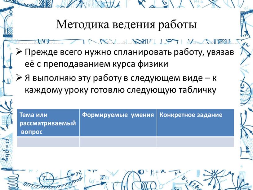 Методика ведения работы Прежде всего нужно спланировать работу, увязав её с преподаванием курса физики