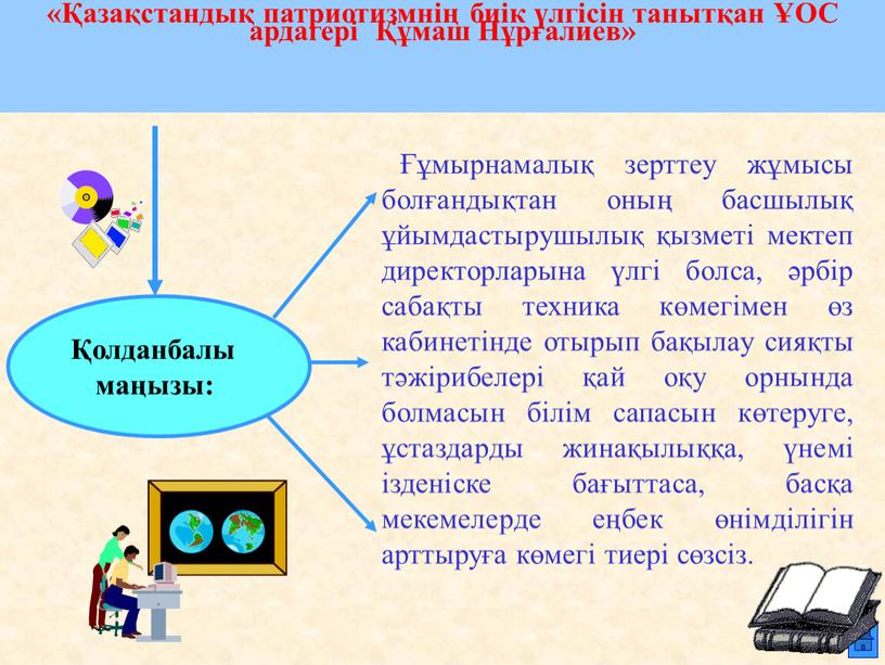 Қолданбалы маңызы: Ғұмырнамалық зерттеу жұмысы болғандықтан оның басшылық ұйымдастырушылық қызметі мектеп директорларына үлгі болса, әрбір сабақты техника көмегімен өз кабинетінде отырып бақылау сияқты тәжірибелері қай…