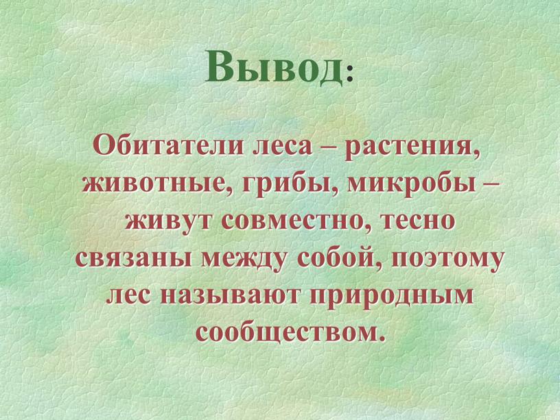 Вывод: Обитатели леса – растения, животные, грибы, микробы – живут совместно, тесно связаны между собой, поэтому лес называют природным сообществом