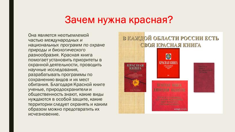 Зачем нужна красная? Она является неотъемлемой частью международных и национальных программ по охране природы и биологического разнообразия