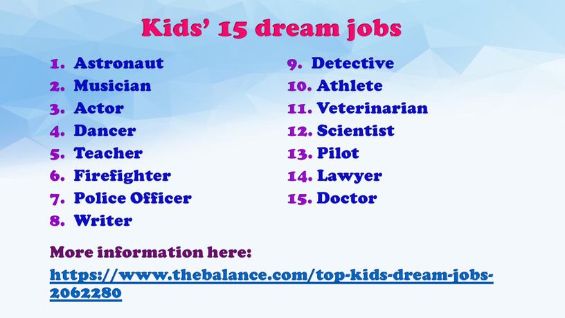 Kids’ 15 dream jobs Astronaut Musician