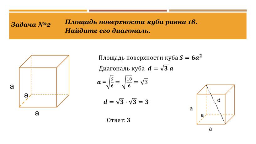 Задача №2 Площадь поверхности куба равна 18