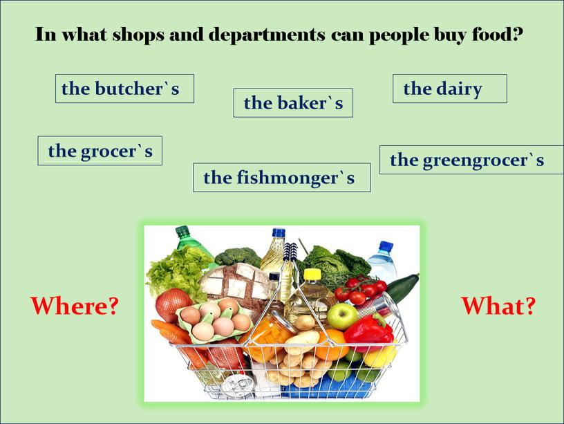 In what shops and departments can people buy food? the butcher`s the grocer`s the greengrocer`s the dairy the baker`s