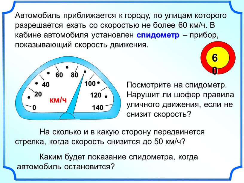 Автомобиль приближается к городу, по улицам которого разрешается ехать со скоростью не более 60 км/ч