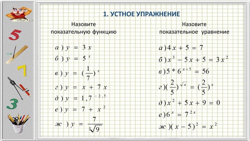 Назовите показательную функцию