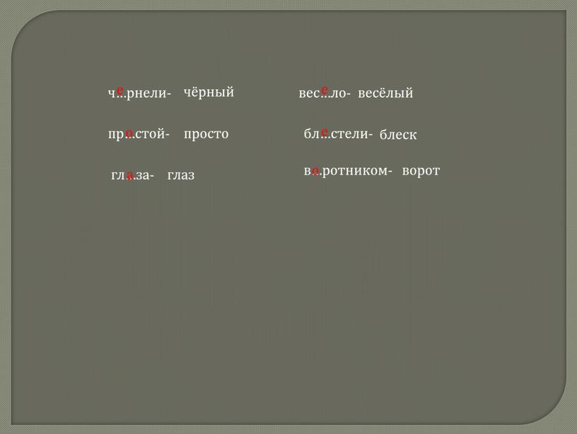 ч…рнели- чёрный е пр…стой- просто о гл…за- глаз а вес…ло- весёлый е бл…стели- блеск е в…ротником- ворот о