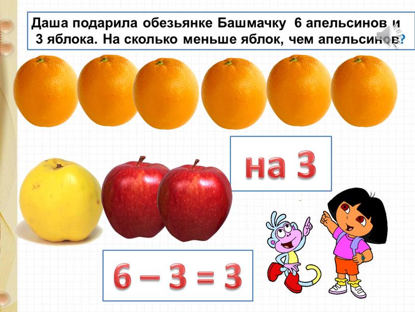 Даша подарила обезьянке Башмачку 6 апельсинов и 3 яблока