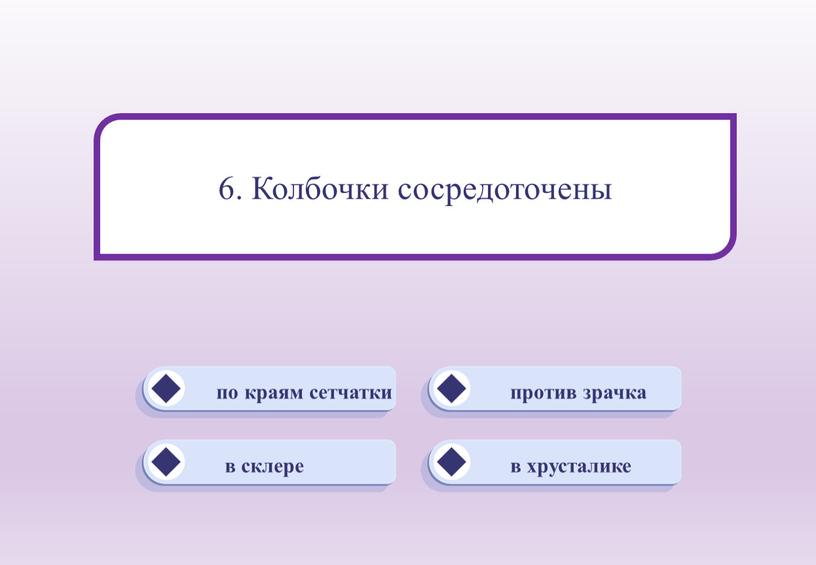 против зрачка по краям сетчатки в хрусталике в склере 6. Колбочки сосредоточены