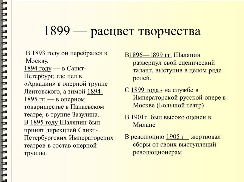 В1896—1899 гг. Шаляпин развернул свой сценический талант, выступив в целом ряде ролей