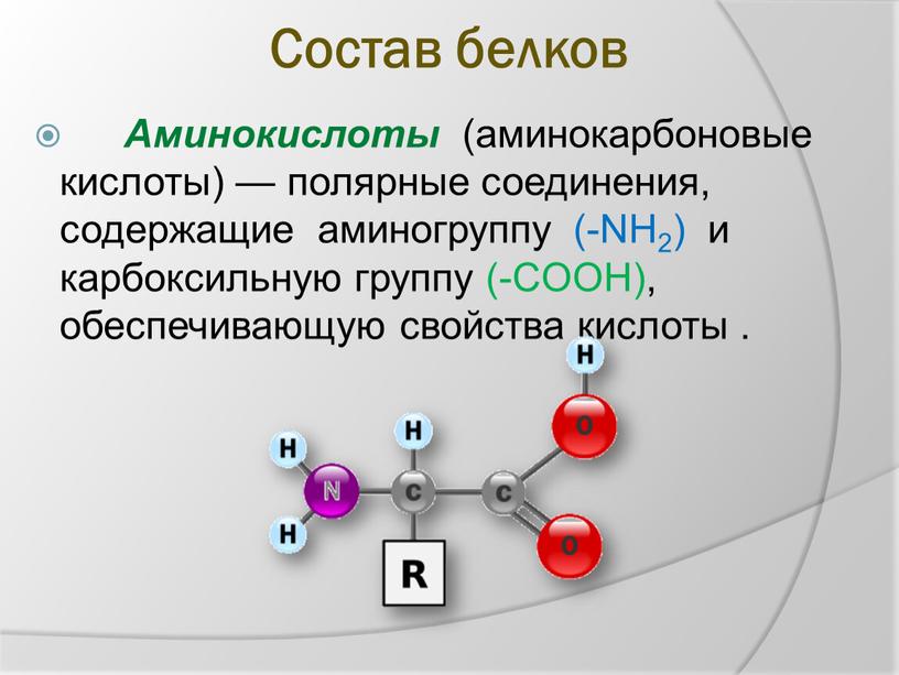 Состав белков Аминокислоты (аминокарбоновые кислоты) — полярные соединения, содержащие аминогруппу (-NH2) и карбоксильную группу (-COOH), обеспечивающую свойства кислоты