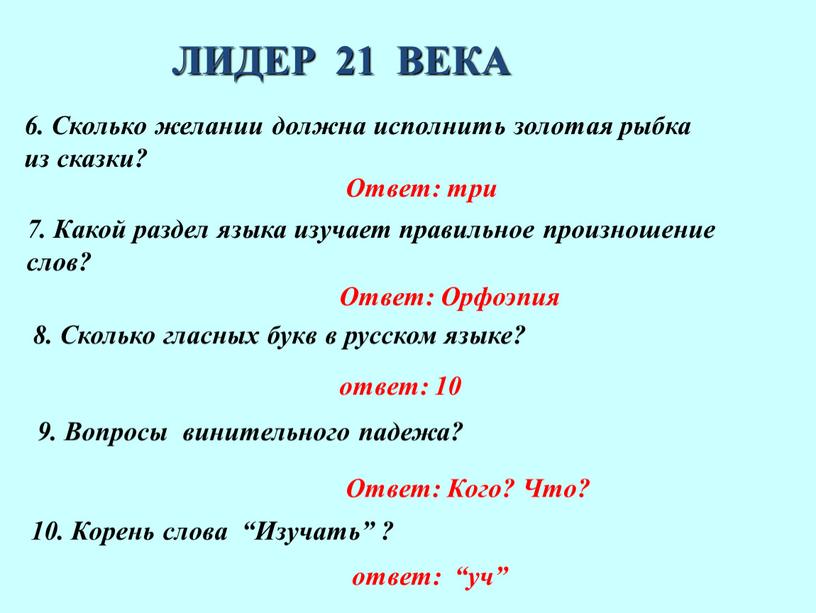 ЛИДЕР 21 ВЕКА 6. Сколько желании должна исполнить золотая рыбка из сказки?