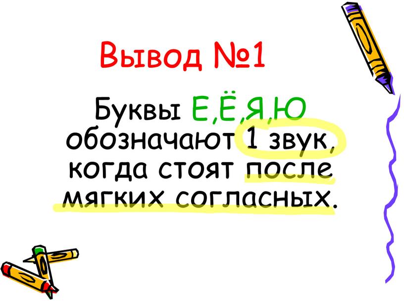 Вывод №1 Буквы Е,Ё,Я,Ю обозначают 1 звук, когда стоят после мягких согласных