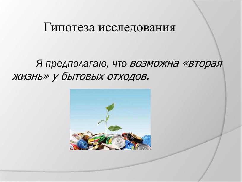 Гипотеза исследования Я предполагаю, что возможна «вторая жизнь» у бытовых отходов