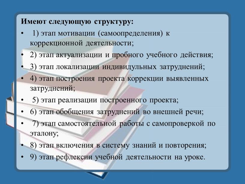 Имеют следующую структуру: 1) этап мотивации (самоопределения) к коррекционной деятельности; 2) этап актуализации и пробного учебного действия; 3) этап локализации индивидульных затруднений; 4) этап построения…