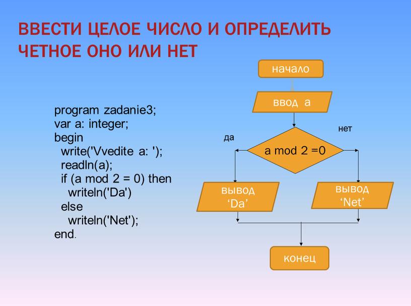 Vvedite a: '); readln(a); if (a mod 2 = 0) then writeln('Da') else writeln('Net'); end