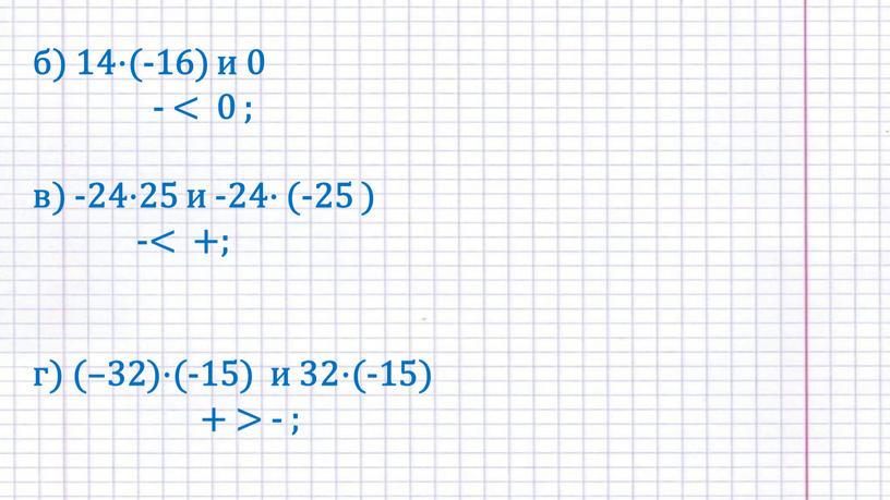 стр.204 №783 б) 14⋅(-16) и 0 - < 0 ; в) -24⋅25 и -24⋅ (-25 ) -< +; г) (–32)⋅(-15) и 32⋅(-15) + > -…